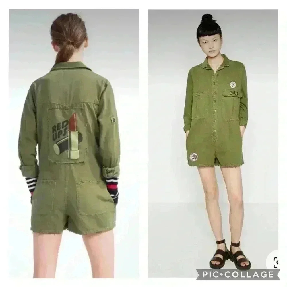 ZARA Trafaluc Collection Army Green Romper Jumpsuit Cotton Patches Women’s S